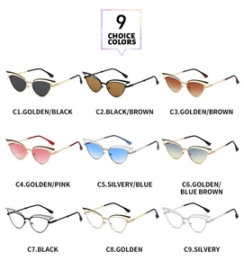 Detaillierter Katalog mit neun Farbvarianten der Metall-Cateye-Sonnenbrille mit Hohlrahmen