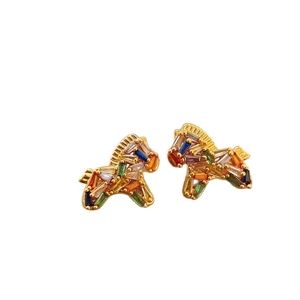 Rainbow crystal pony stud earrings in gold plating with multi-color rectangular stones
