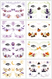 Detail view of 8 unique Halloween temporary face tattoo sheets with pumpkin and ghost designs