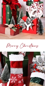 Detail of Christmas ribbon wrapping around gifts and festive ornaments on wooden surface