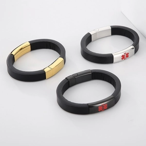 Medical ID bracelets in gold, silver, and black stainless steel with silicone bands