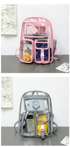 Dettaglio di zaini in PVC trasparente rosa e grigio con tasche laterali a rete in nylon