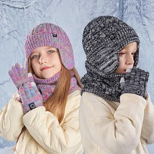 Kids Winter Knitted Hat Scarf And Gloves Set Fleece Lined Warm Ear Protection Outdoor Thick Acrylic Thermal