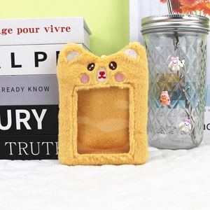 Cute yellow plush animal card holder with transparent window and embroidery detail
