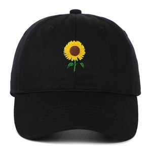 Classic black baseball cap with sunflower embroidery on a curved brim cotton hat