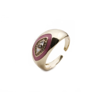 Detailed view of adjustable gold-plated ring featuring pink enamel Evil Eye with crystals