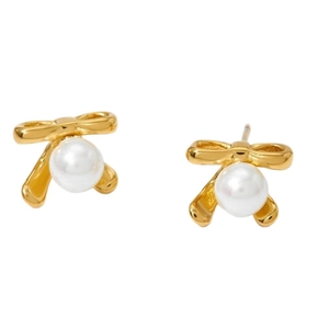 Élégantes boucles d'oreilles nœud doré avec perles pendantes pour femmes