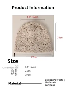 Detailed size guide for beige floral lace beanie made of cotton polyester blend