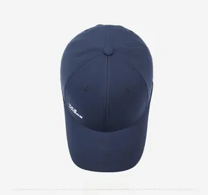 Detail of laser-cut ventilation holes and TKZ CHENG print on navy quick-dry baseball cap