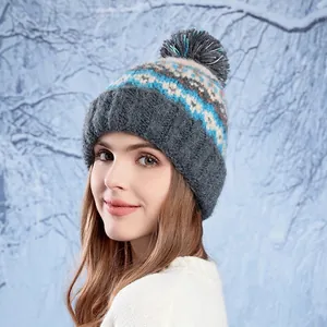 Winter Knitted Beanie Hat With Pom Pom Acrylic Thick Warm Geometric Pattern For Outdoor Autumn