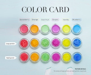Texture detail showing six colorful lip scrub flavors with large and small particles