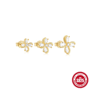 Three-piece set of golden S925 sterling silver flower stud earrings with white zircons
