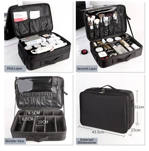 Detailed interior of Oxford cloth makeup case with adjustable dividers and brush slots