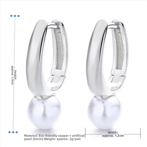 Silver pearl earrings dimension view showing 1.8cm height and 6mm white bead detail