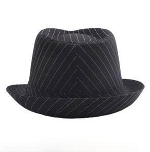 Rear view of black pinstripe Fedora with adjustable buckle for customized fit