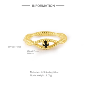 Detail of 18K gold plated 925 silver ring with a 3.08mm black zircon in a 4-prong setting