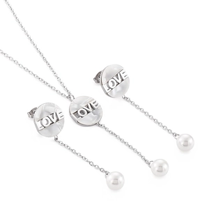 Fashion jewelry set with silver LOVE shell pendants and pearl tassels necklace and earrings