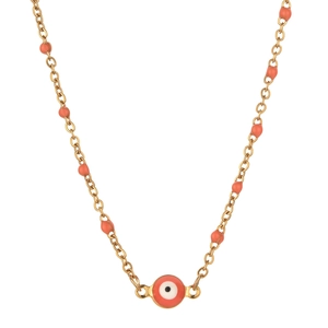 Close-up of golden stainless steel evil eye necklace with orange beads detail