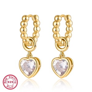 Vintage French S925 Sterling Silver Heart Dangle Earrings For Women Gold Plated Emerald Green White Rhinestone Heart Hoop Jewelry