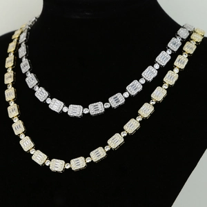Hip hop necklace with rectangular zircons in gold and silver finish on display