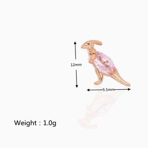 Detail showing 12mm dinosaur earring in rose gold with pink zircon and dimensions