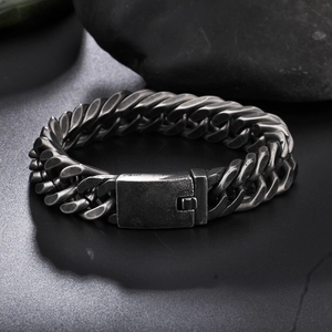 Vintage stainless steel Cuban link bracelet for men with oxidized silver finish detail