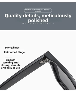 Macro detail of reinforced metal hinge and model M306 on black square sunglasses frame