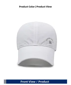 Detail of white quick-dry sports cap featuring laser-cut side vents and logo print