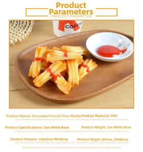 Detailed close-up showing realistic PVC french fry model with ketchup in a cafe setting