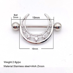 U-shaped stainless steel nipple ring with sparkling AAA cubic zirconia on white background