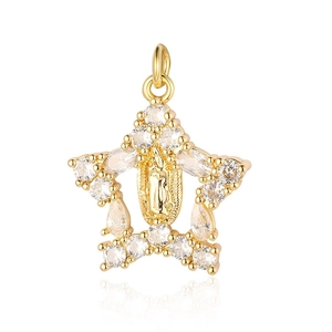 Macro detail of gold star pendant with shell inlay and Virgin Mary relief center