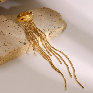 Elegant gold tassel earrings in stainless steel on a textured stone display