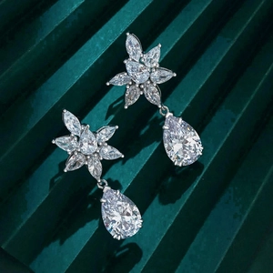 Detailed view of 925 silver star and pear-shaped drop earrings with emerald cut cubic zirconia