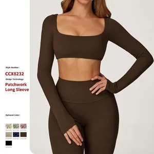 T-Shirt de Yoga à Manches Longues en Nylon Spandex pour Femmes Col Carré Crop Top Slim Fit Respirant Sport