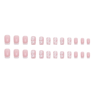 Elegant French tip press-on nails featuring pink base and white lip patterns 24pcs set