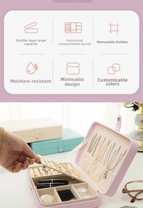 Detail of portable double-layer jewelry box with hooks and adjustable dividers