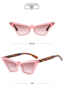 Detail view of pink cat eye sunglasses with tortoise temples on white background