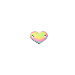 Macro view of heart-shaped rainbow plated stainless steel connector with double holes