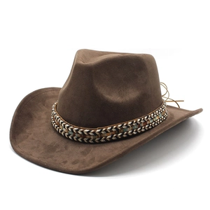 Brown faux suede cowboy hat with ethnic woven band and upturned brim for outdoor activities