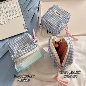 Blue and white checkered mini canvas pouch for organizing sanitary pads and lipsticks