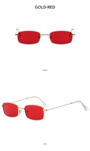 Front and side views of vintage small rectangular gold metal sunglasses with red lenses