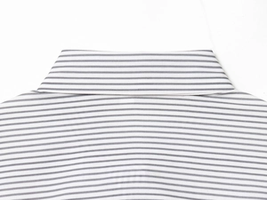 Macro detail of the grey striped poplin shirt collar showing fine stitching and fabric