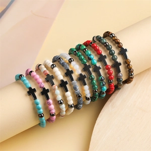 Bracelet En Perles De Pierre Naturelle Avec Pendentif Croix En Alliage Bijoux Religieux Vintage Élastiques Pour Hommes Femmes