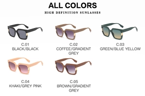Collage of square frame sunglasses showing five assorted colors with HD lenses