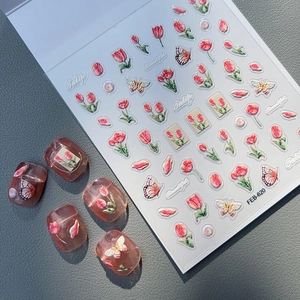 Tulpe Blume Schmetterling 5D Geprägt Nagelaufkleber Elegant Minimalistisch Wasserdicht 3D Relief Maniküre Decals Für Damen DIY Nagelkunst Dekor