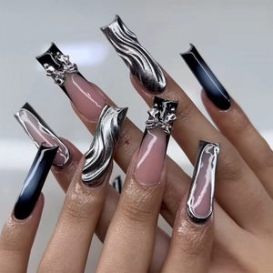 Plaknagels Lange Eckige 3D Metallic Wellen Y2K Stil French Tips Mit Schleifen Anhängern Schwarz Rosa Silber Kunststoff Damen