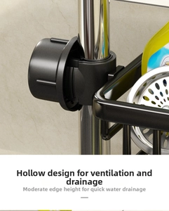 Detail view of black faucet storage rack with hollow drainage design and secure fastener