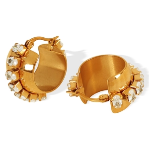 Exaggerated 18K gold plated C-shaped hoop earrings with double row oval cubic zirconia