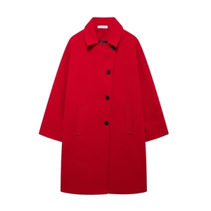 Red longline wool coat for women featuring a classic lapel collar and single-breasted design