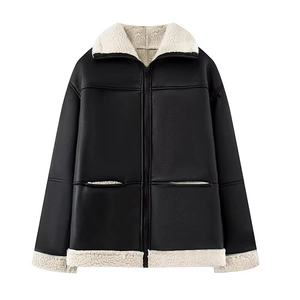Women Oversized Faux Leather Jacket With Faux Shearling Lining Lapel Zipper Casual Winter Streetwear Outerwear